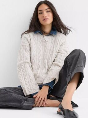 LOFT Cable-Knit Crewneck Sweater in Cream